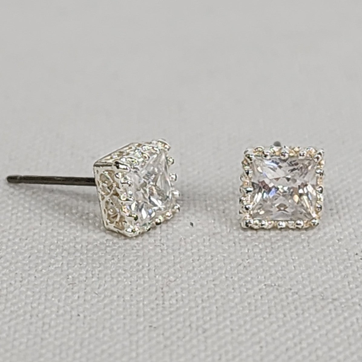 Faceted Crystal Square Silver Stud Earrings