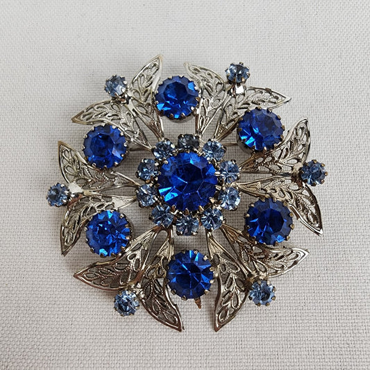 Vintage Celebrity NY Cobalt Blue Rhinestone Filigree Pin Brooch