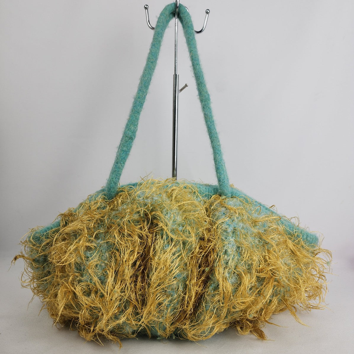 Hand knit Wool Aqua Eyelash Knit Satchel Purse