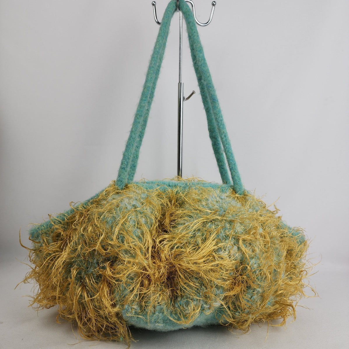 Hand knit Wool Aqua Eyelash Knit Satchel Purse