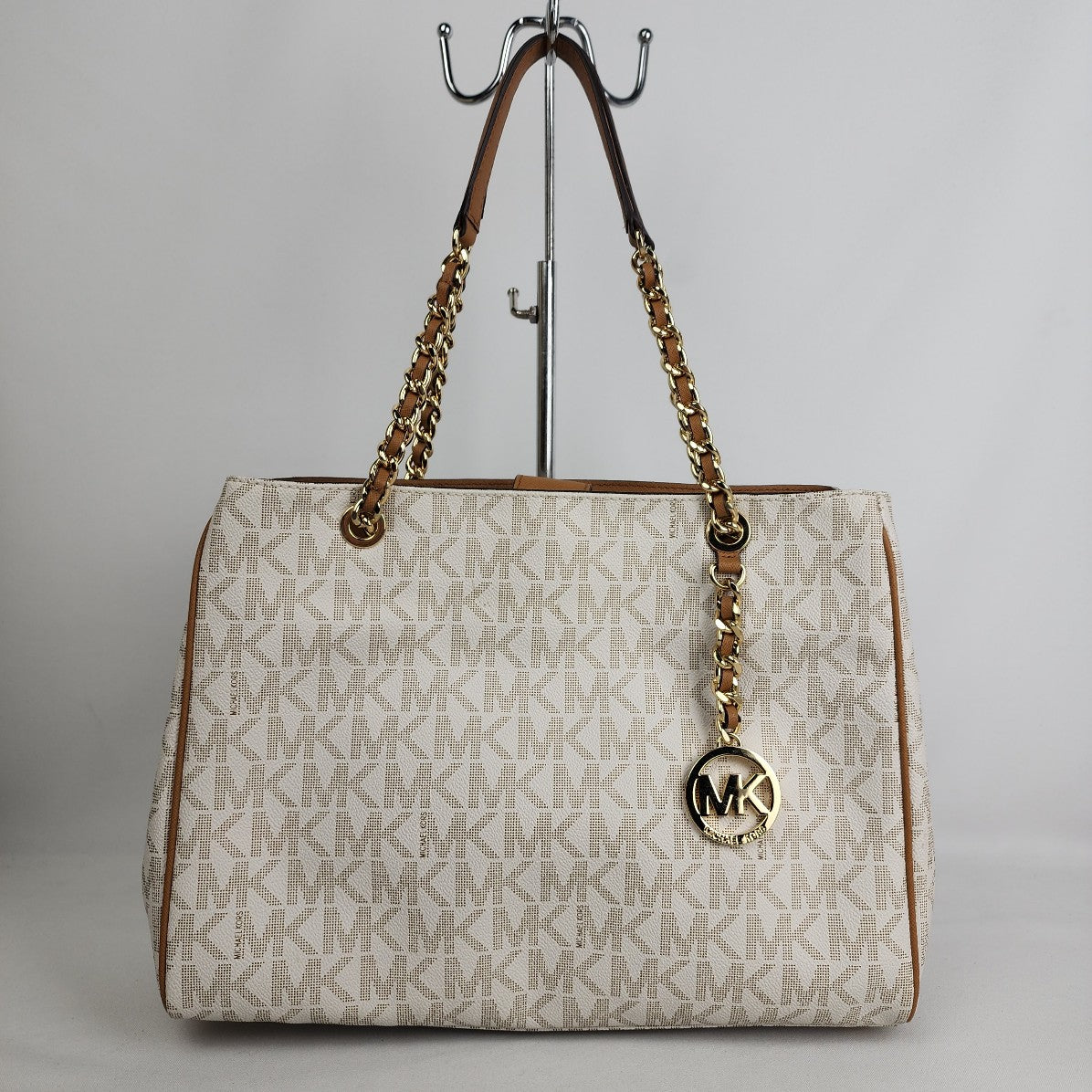 Michael Kors White/Brown Signature Coated Canvas  Leather Satchel Purse