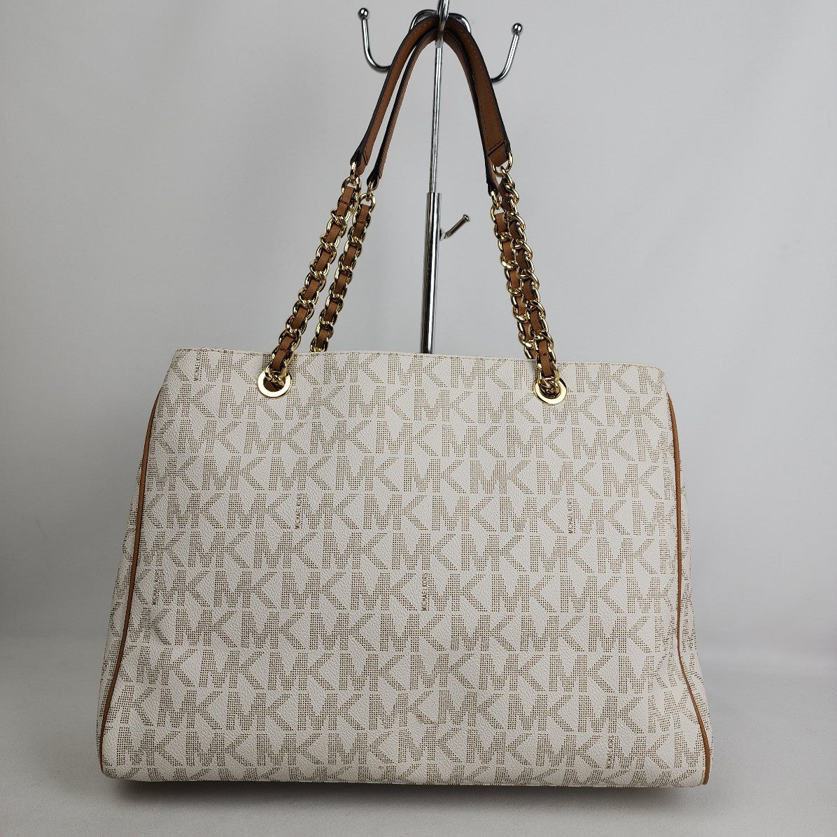 Michael Kors White/Brown Signature Coated Canvas  Leather Satchel Purse