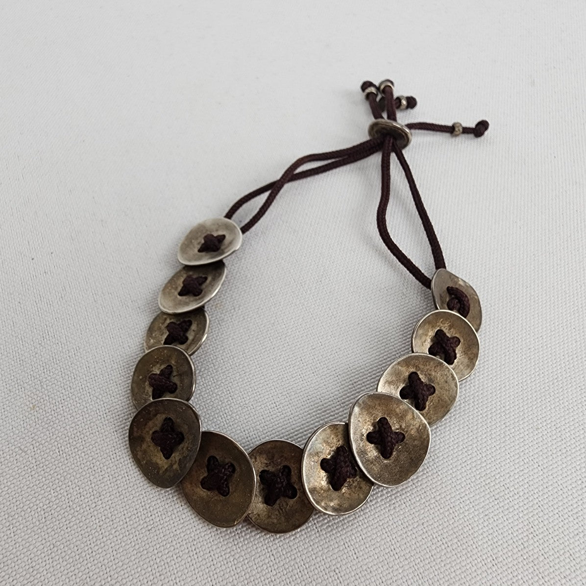 SILPADA  Sterling Silver Disc Brown Cord Adjustable Bracelet