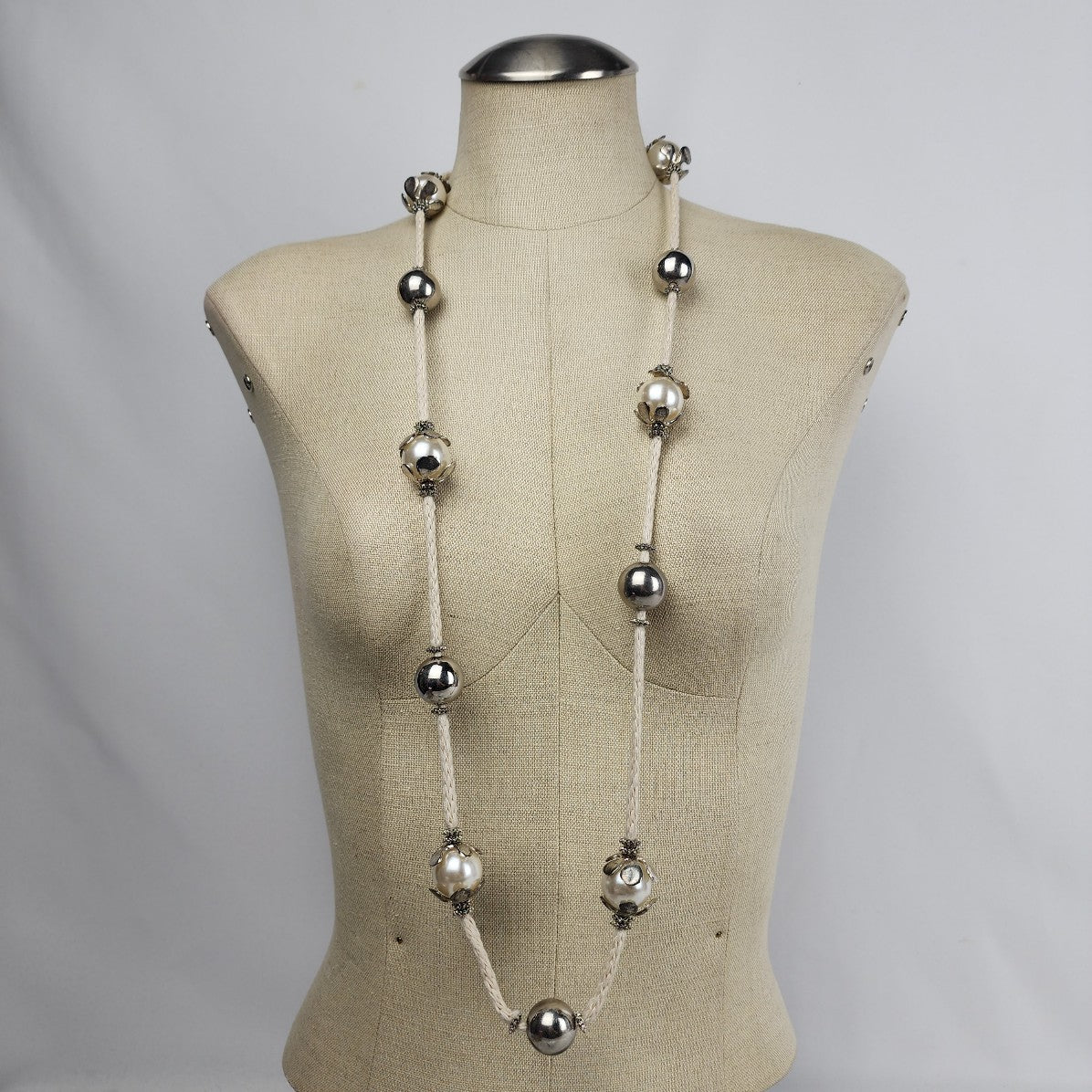 Silver Oversize Beaded Cream Rope Long Necklace