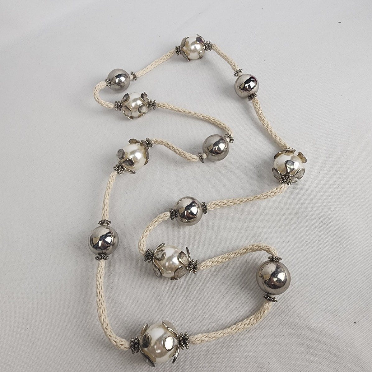 Silver Oversize Beaded Cream Rope Long Necklace