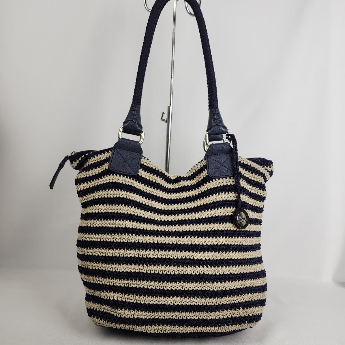 The Sac Cream & Navy Striped Knit Tote Purse