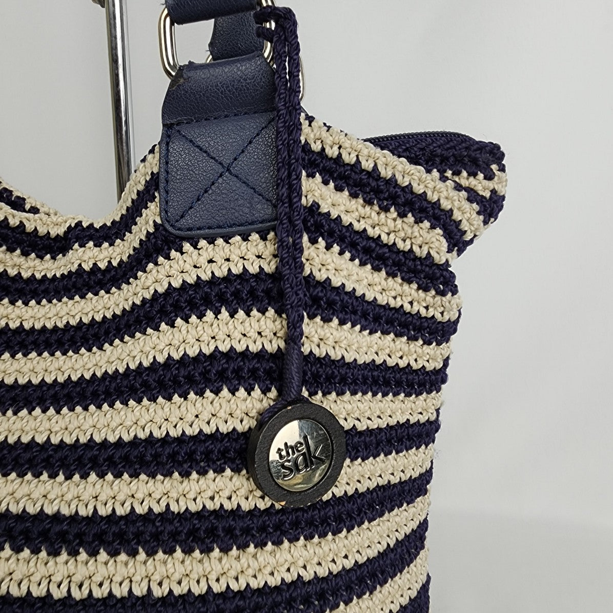 The Sac Cream & Navy Striped Knit Tote Purse