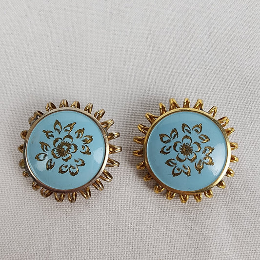 Marino Blue & Gold Enamel Flower Statement Clip On Earrings