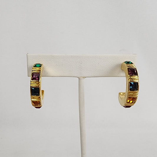Vintage Gold Tone Colored Stone Hoop Earrings