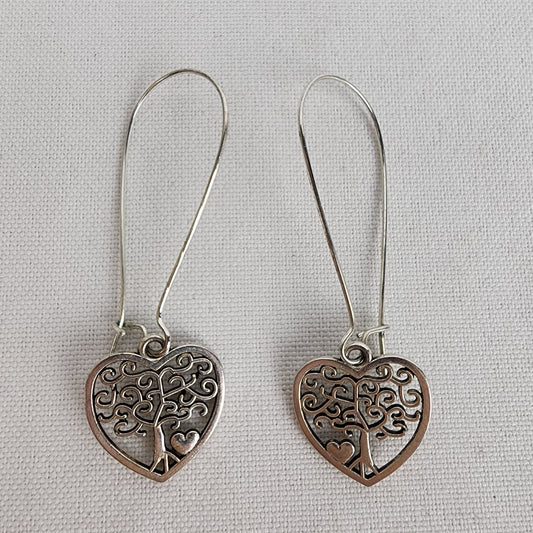Sterling Silver Tree Of Life Heart Drop Earrings