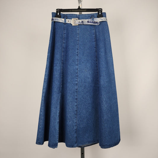 Vintage City Girl Belted A-Line Denim Midi Skirt Size M