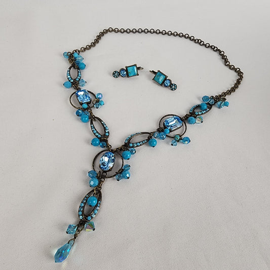 Blue Faceted Glass Beaded Statement Necklace Earring Set