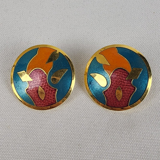 Vintage Lan Multi Colored Enamel Floral Post Earrings