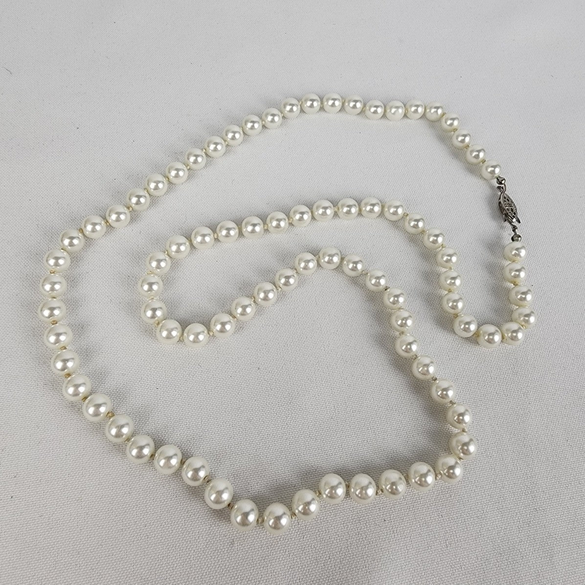 Vintage Cream Glass Faux Pearl Knotted Long Necklace