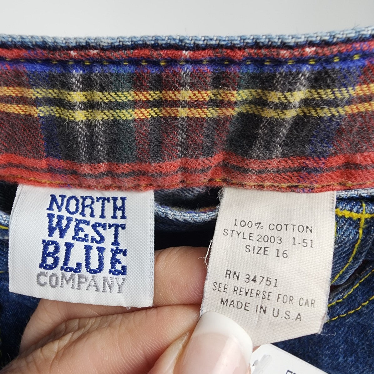 North West Blue Company Denim Balloon Jeans Plaid Trim Size 16