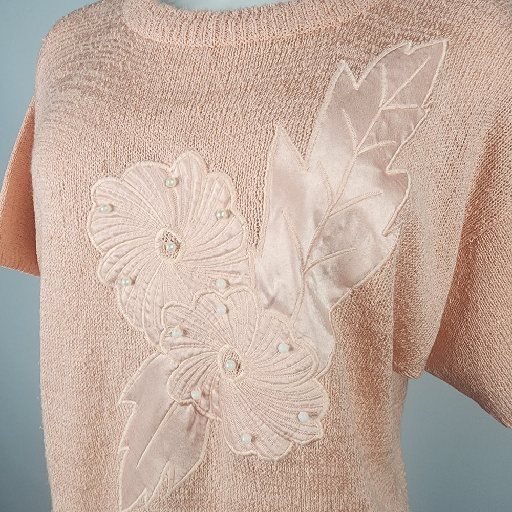 Vintage Peach Floral Short Sleeve Knit Sweater Size L