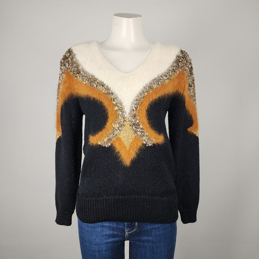 Vintage Black & Brown Angora Knit Sweater Size M