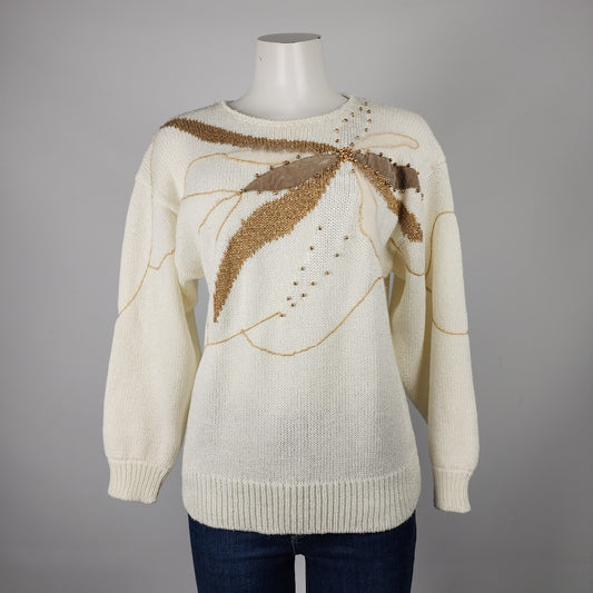 Vintage Cream & Brown Floral Knit Sweater Size L