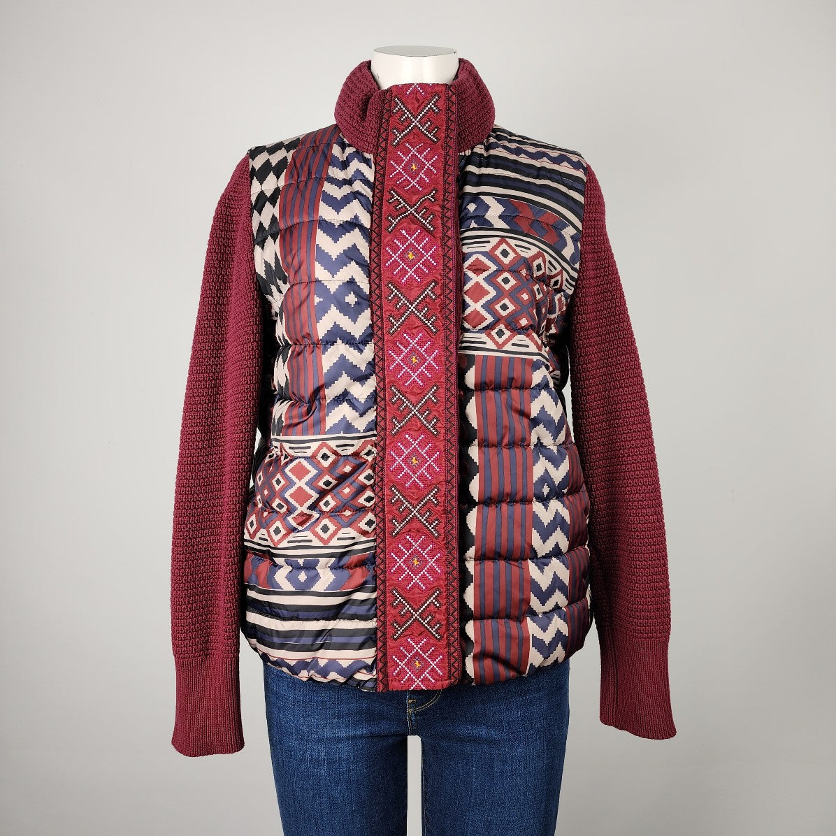 Desigual Burgundy Aztec Print Knit Sleeves Puffer Jacket Size 10