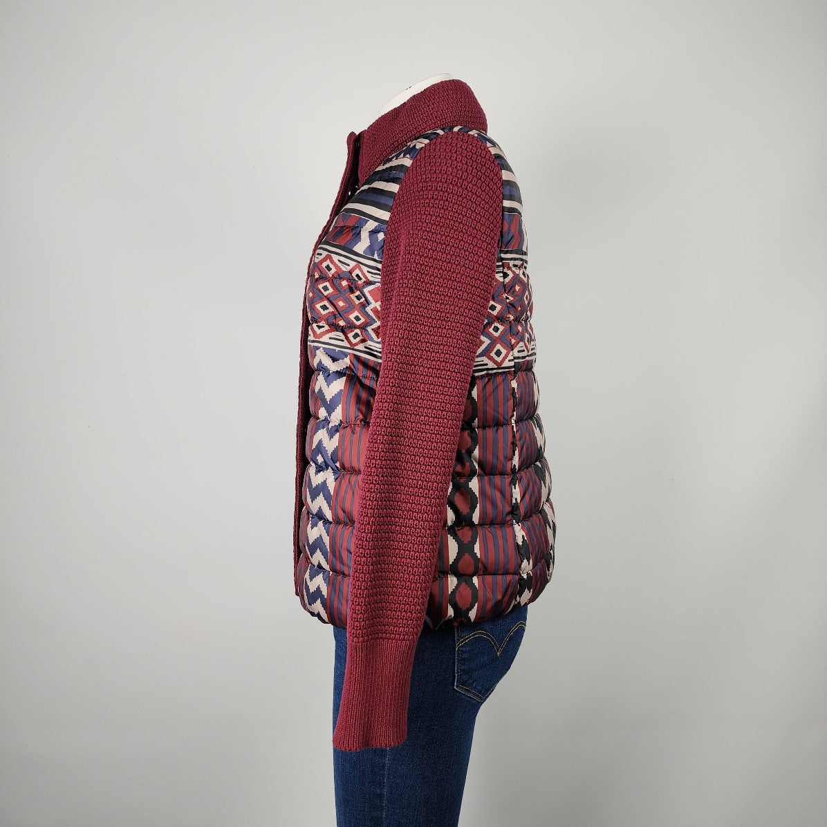 Desigual Burgundy Aztec Print Knit Sleeves Puffer Jacket Size 10