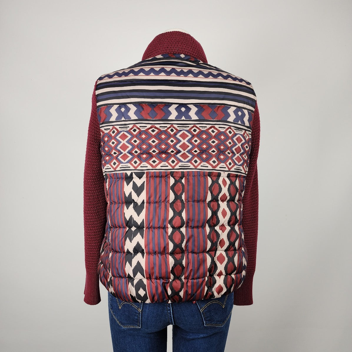 Desigual Burgundy Aztec Print Knit Sleeves Puffer Jacket Size 10