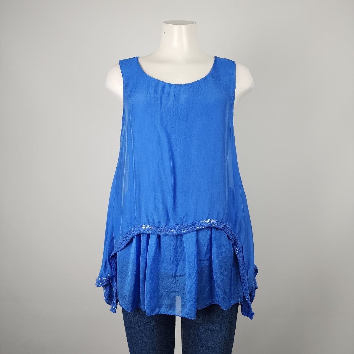 Bella Blue Silk Sleeveless Sequined Top Size S/M