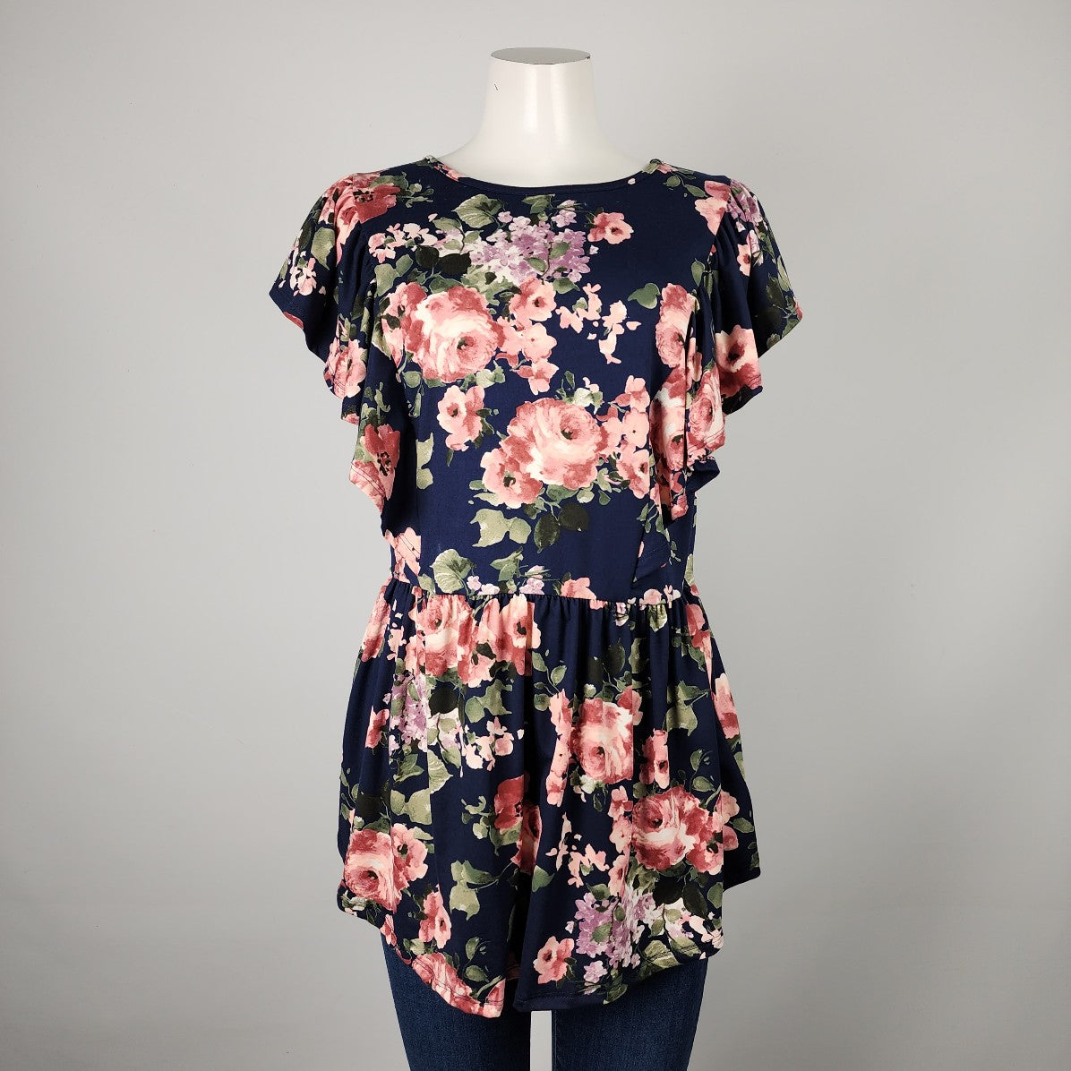 Reborn J Navy Floral Ruffle Sleeve Top Size XL