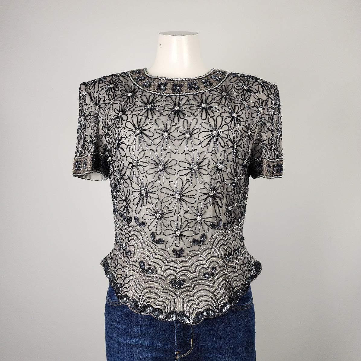 Vintage Papell Boutique Silk Silver Beaded Floral Blouse Size M