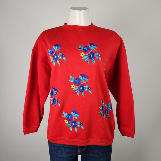 Northern Spirit Red Cotton Floral Embroidered Sweatshirt Size S