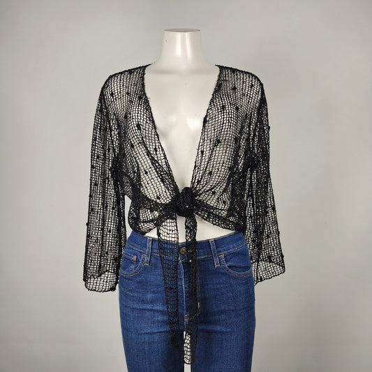 Initiatives Black Mesh Netted Tie Up Cardigan Size L