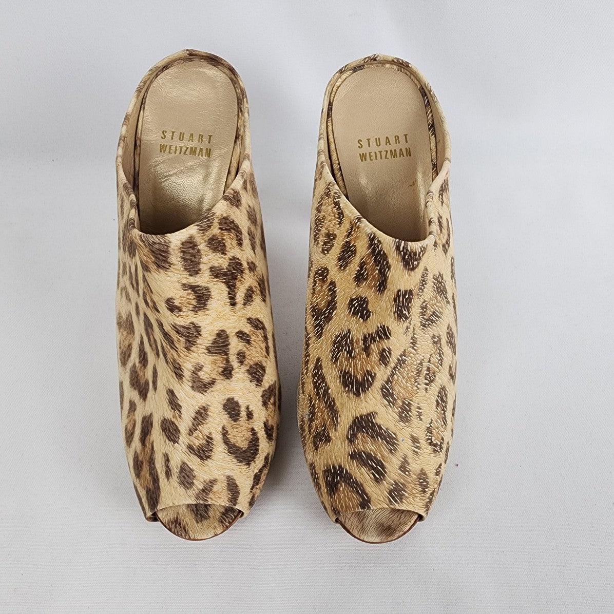 Stuart Weitzman Animal Print Leather Stacked Heel Mules Size 6.5