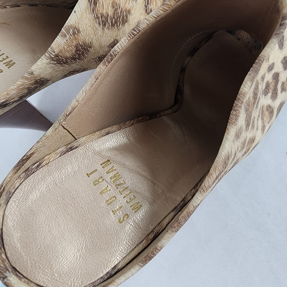 Stuart Weitzman Animal Print Leather Stacked Heel Mules Size 6.5