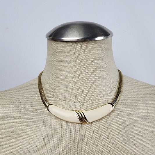 Vintage 80 Bergdorf Goodman Cream Enamel Gold Tone Collar Necklace