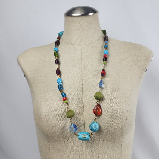 Blue Wire Wrap Natural Stone Beaded Long Necklace