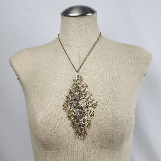 Vintage Gold Tone Rhinestone Chandelier Statement Necklace