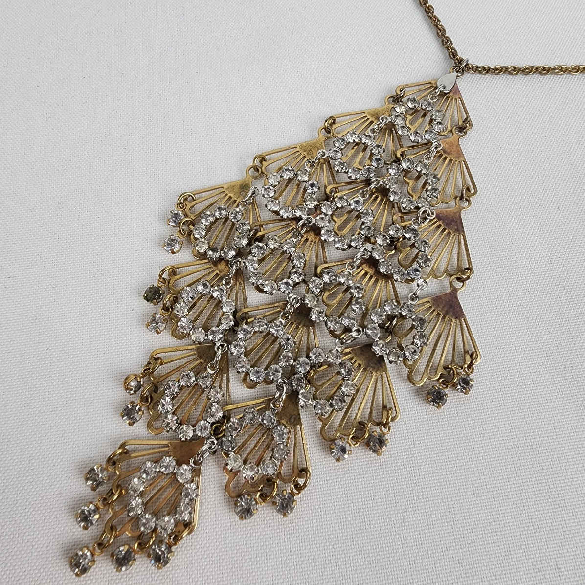 Vintage Gold Tone Rhinestone Chandelier Statement Necklace