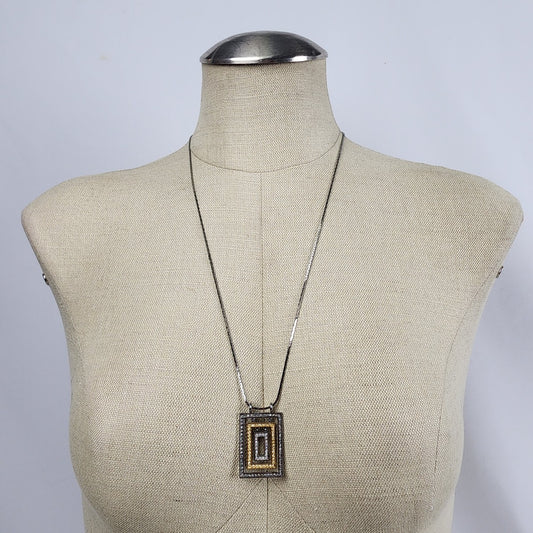 FAC Silver & Gold Tone Rhinestone Square Pendant Necklace