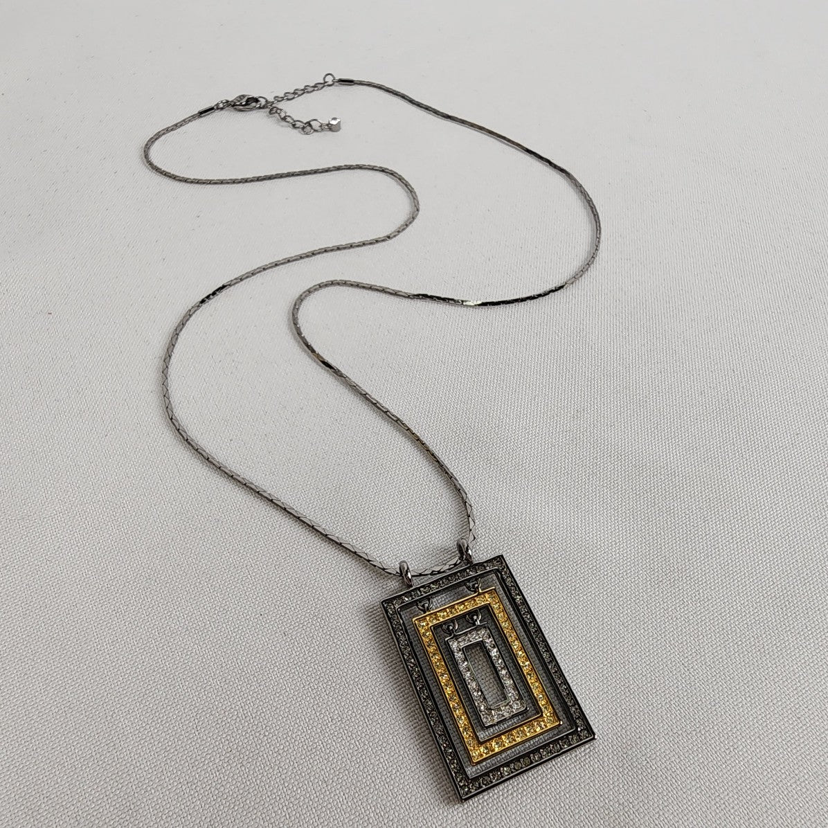 FAC Silver & Gold Tone Rhinestone Square Pendant Necklace