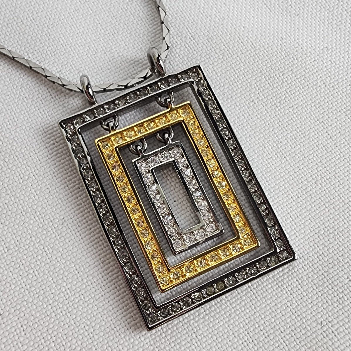 FAC Silver & Gold Tone Rhinestone Square Pendant Necklace