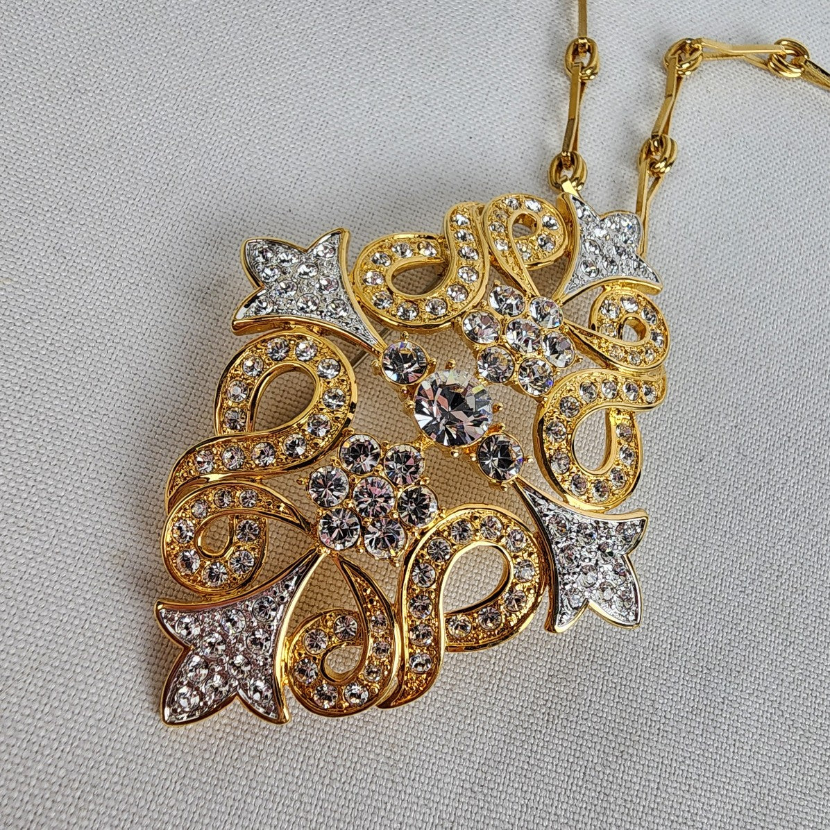 FAC Gold & Silver Tone Crystal Statement Pendant Necklace