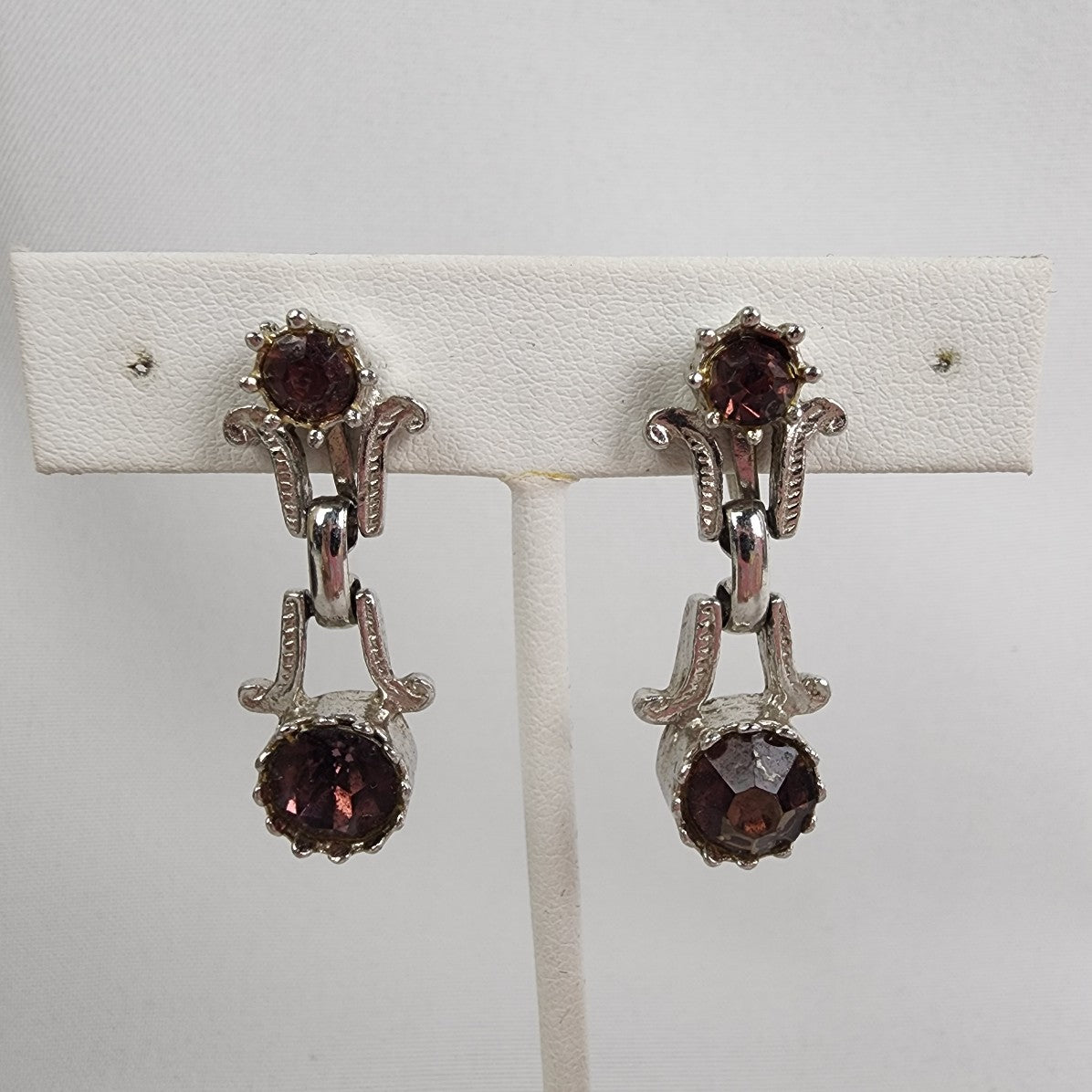 Vintage Silver Tone Purple Stone Clip On Earrings