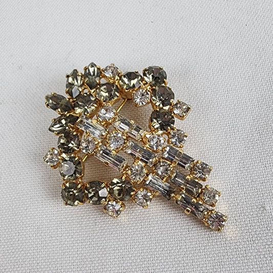 Vintage Gold Tone Silver Rhinestone Brooch