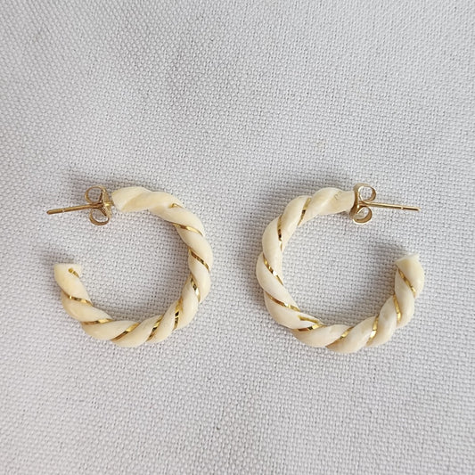 Vintage Carved Twisted Ivory 14k Yellow Gold Ribbon Hoop Earrings