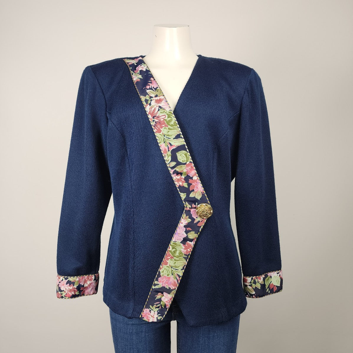 Algo Navy Blue Knit Floral Detail Jacket Size L/XL