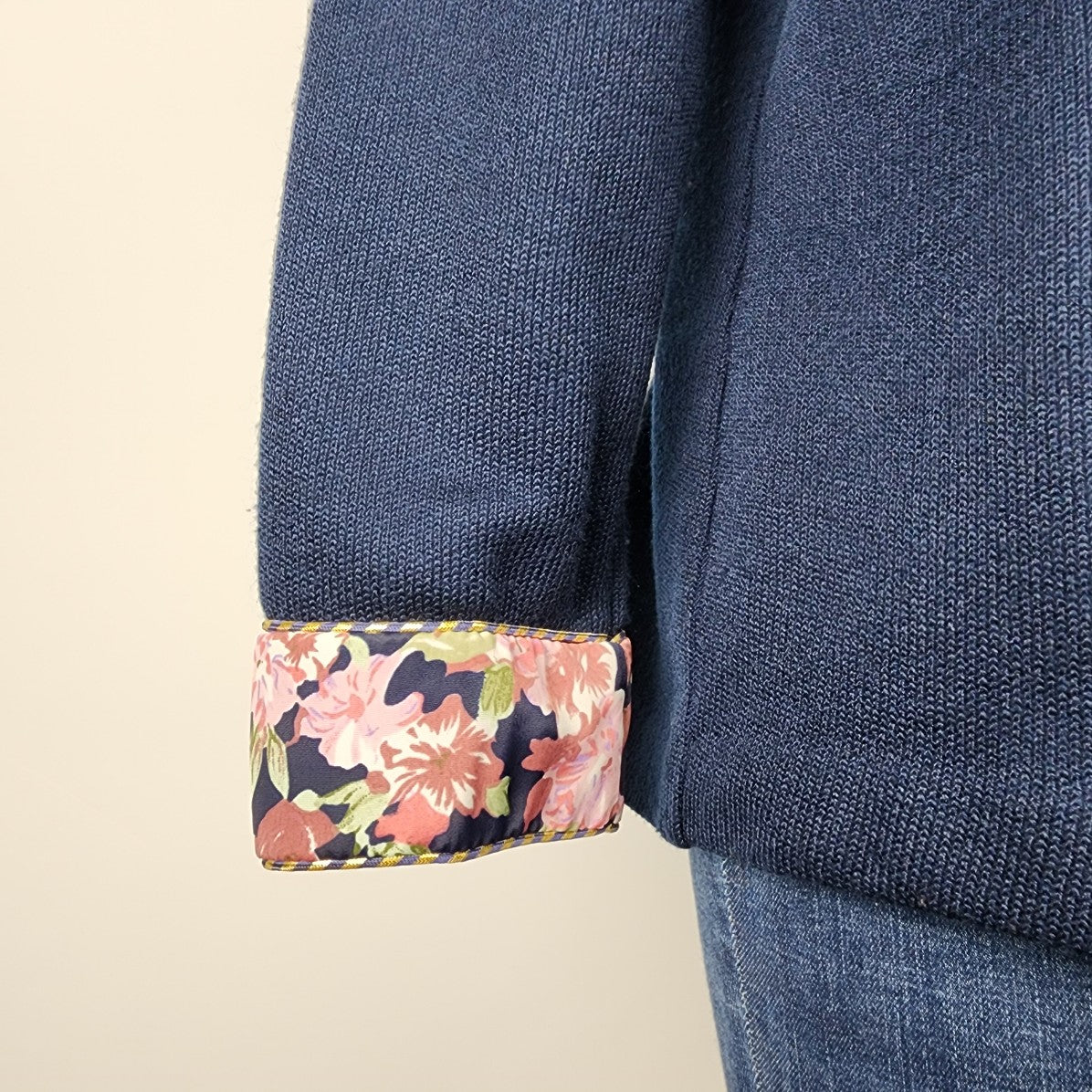 Algo Navy Blue Knit Floral Detail Jacket Size L/XL