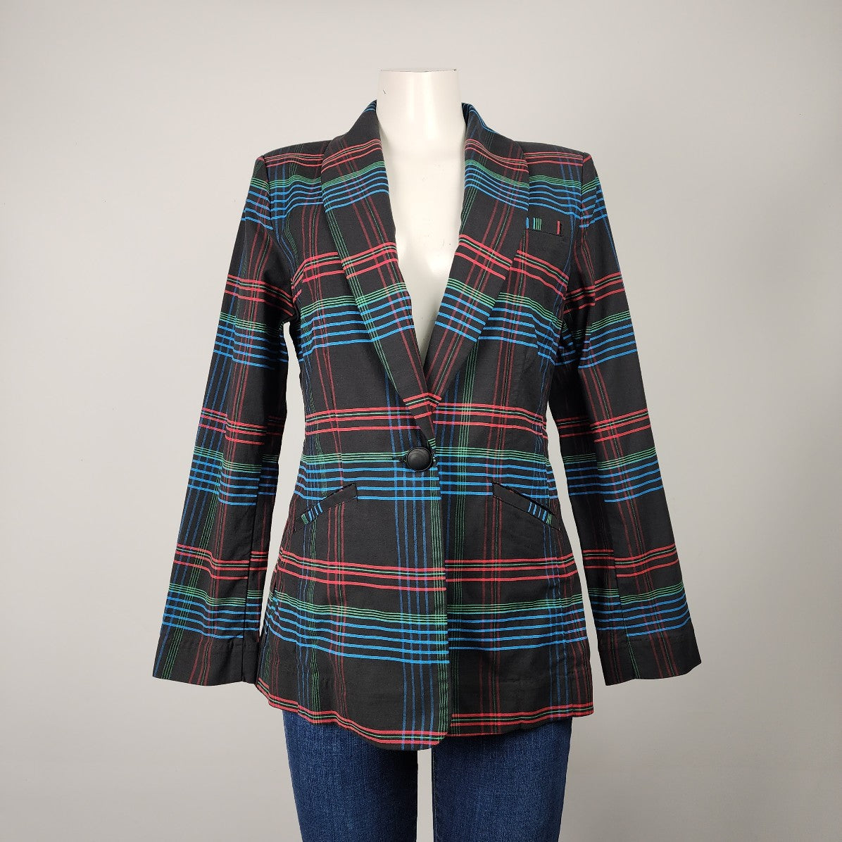 CAbi Black Plaid One Button Collar Blazer Size M