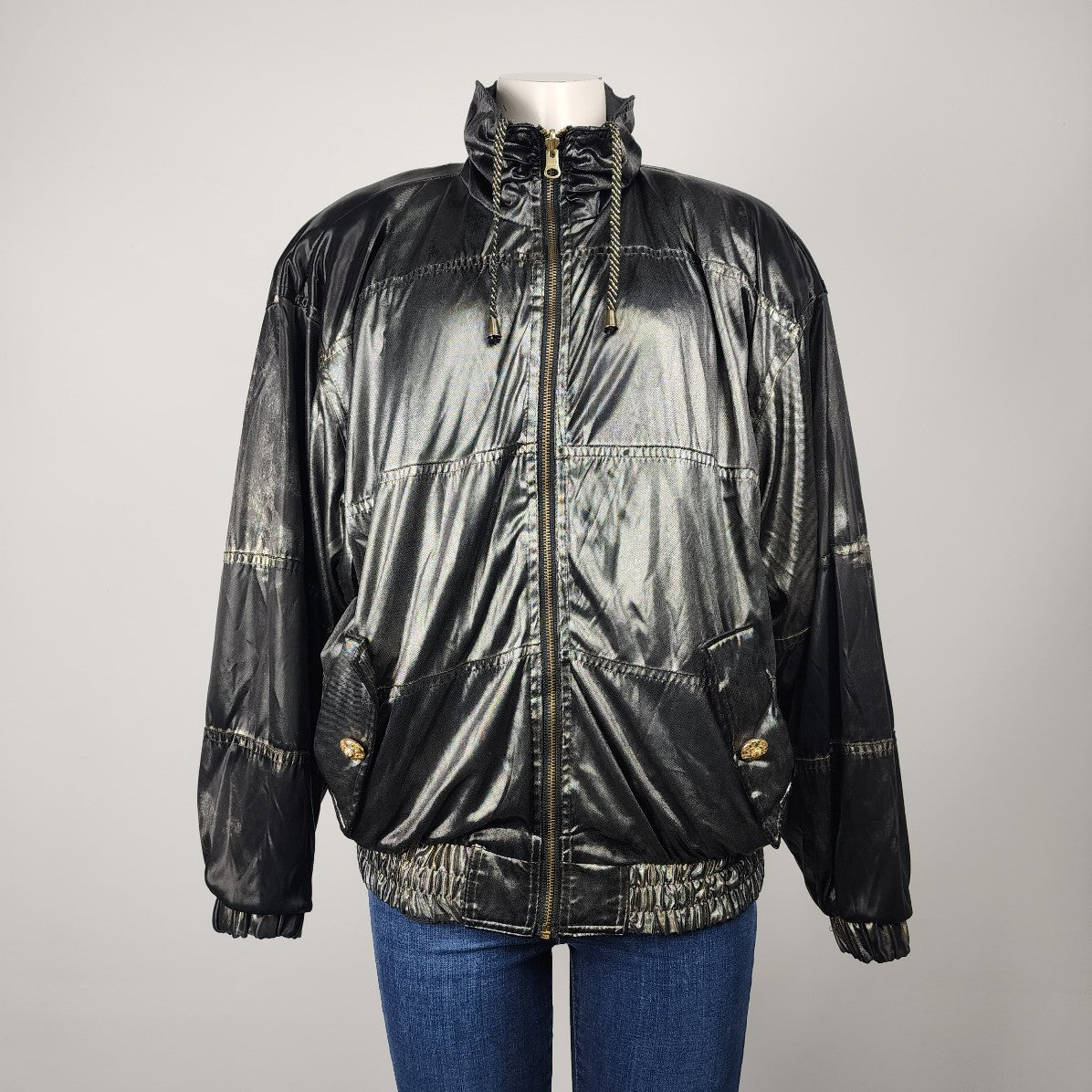 Vintage 80S Black & Gold Metallic Reversible Bomber Jacket Size M