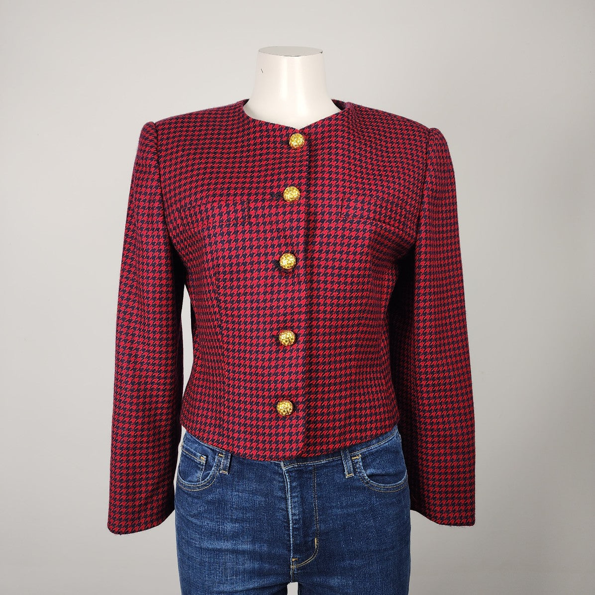 Vintage Franco-Louise Red Wool Houndstooth Button Up Jacket Size 4