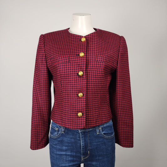 Vintage Franco-Louise Red Wool Houndstooth Button Up Jacket Size 4