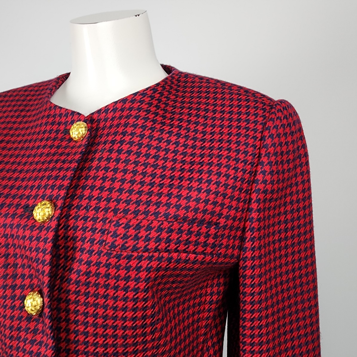 Vintage Franco-Louise Red Wool Houndstooth Button Up Jacket Size 4